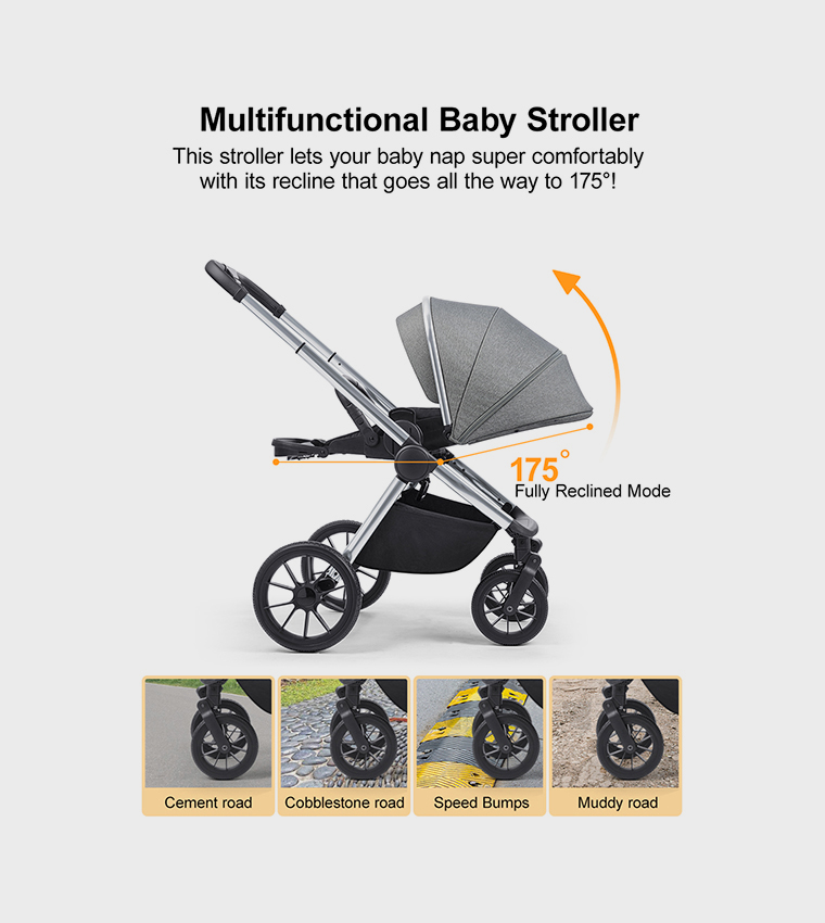 Reversible Baby Stroller with 5 Point Safety Harness, Forward & Rear Facing, Height Adjustable Handlebar, 0-36 Months, Grey & Silver - BJ02GS
