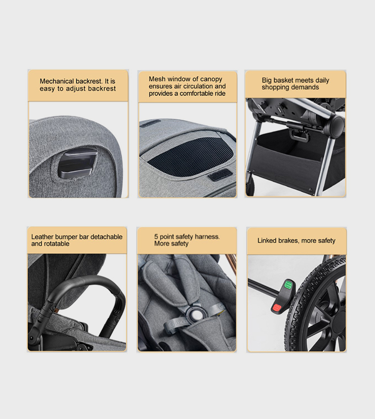 Reversible Baby Stroller with 5 Point Safety Harness, Forward & Rear Facing, Height Adjustable Handlebar, 0-36 Months, Grey & Silver - BJ02GS