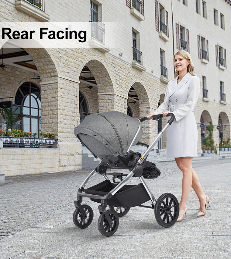 Reversible Baby Stroller with 5 Point Safety Harness, Forward & Rear Facing, Height Adjustable Handlebar, 0-36 Months, Grey & Silver - BJ02GS