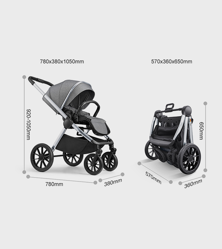 Reversible Baby Stroller with 5 Point Safety Harness, Forward & Rear Facing, Height Adjustable Handlebar, 0-36 Months, Grey & Silver - BJ02GS