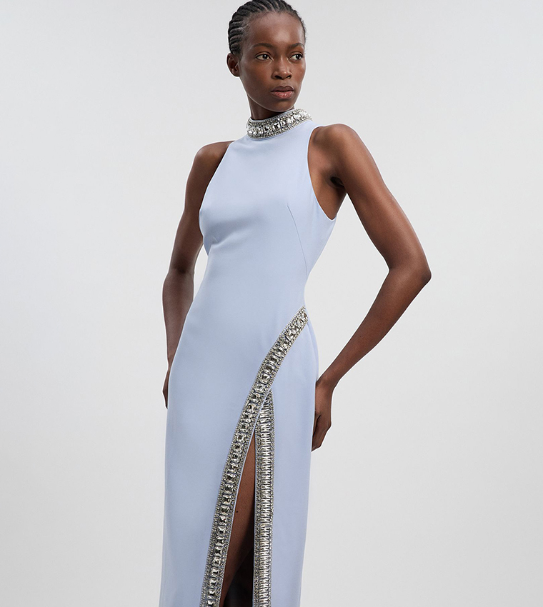 Crystal Embellished Woven Thigh Split Midi Dress