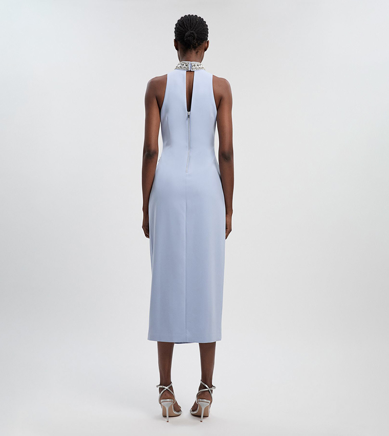 Crystal Embellished Woven Thigh Split Midi Dress