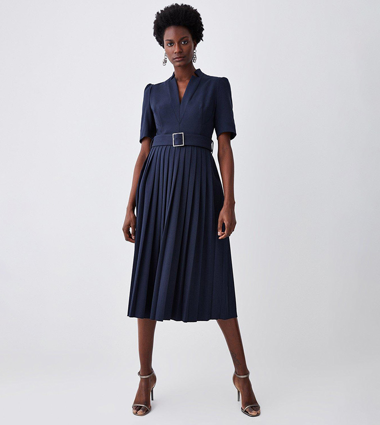 Tailored Structured Crepe Forever Pleat Midi Dress