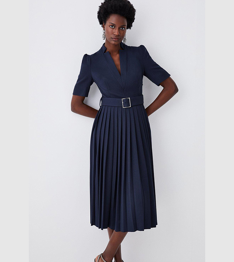 Tailored Structured Crepe Forever Pleat Midi Dress
