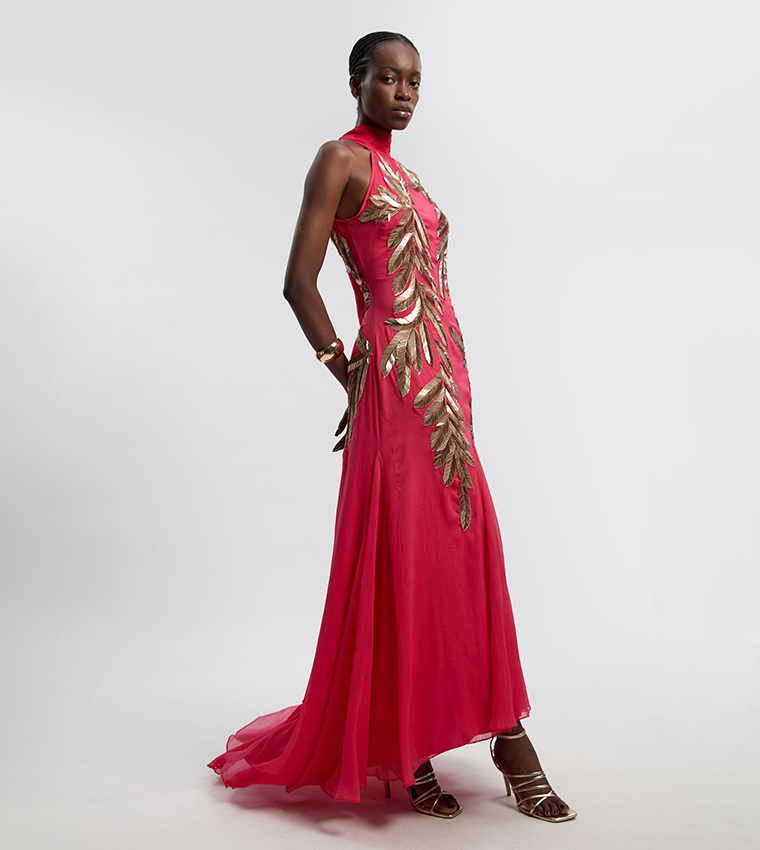 Georgette Feather Embellished Halterneck Woven Maxi Dress