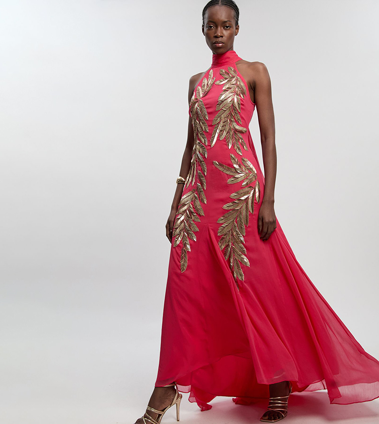 Georgette Feather Embellished Halterneck Woven Maxi Dress