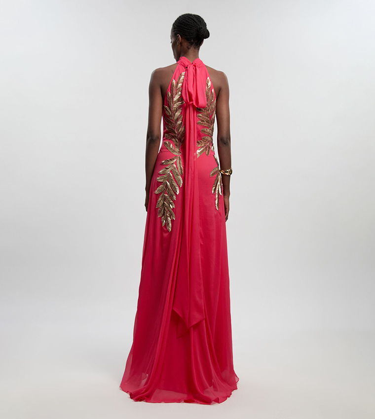 Georgette Feather Embellished Halterneck Woven Maxi Dress