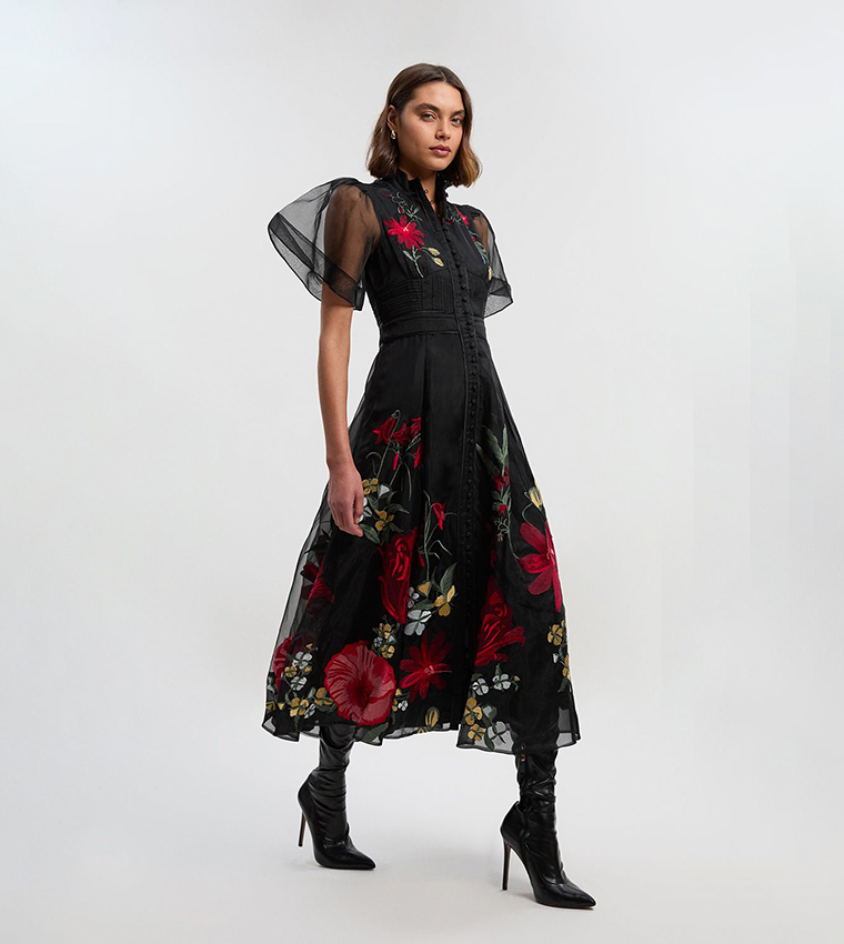 sachin and babi light blue dress Red Rose Embroidered Cotton Organdie Midi Halter Dress main image 1