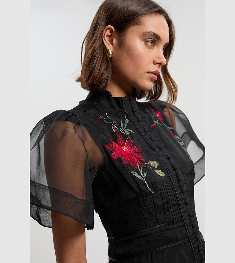 Buy Karen Millen Botanical Embroidered Organdie Angel Sleeves Midi Dress In  Black | 6thStreet UAE