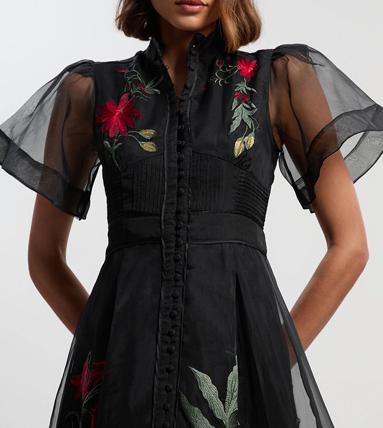 Buy Karen Millen Botanical Embroidered Organdie Angel Sleeves Midi Dress In  Black