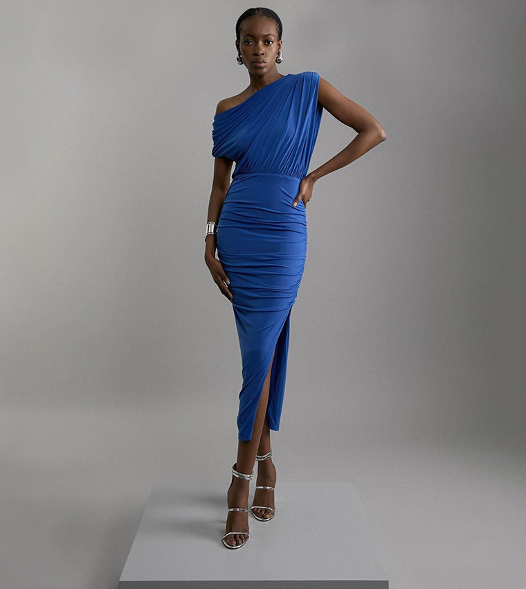 Jersey Crepe Asymmetric Neck Maxi Dress