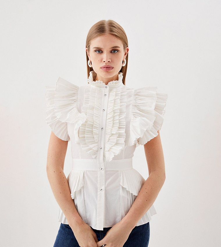 Cap Sleeve Pleated Ruffle Woven Shirt
