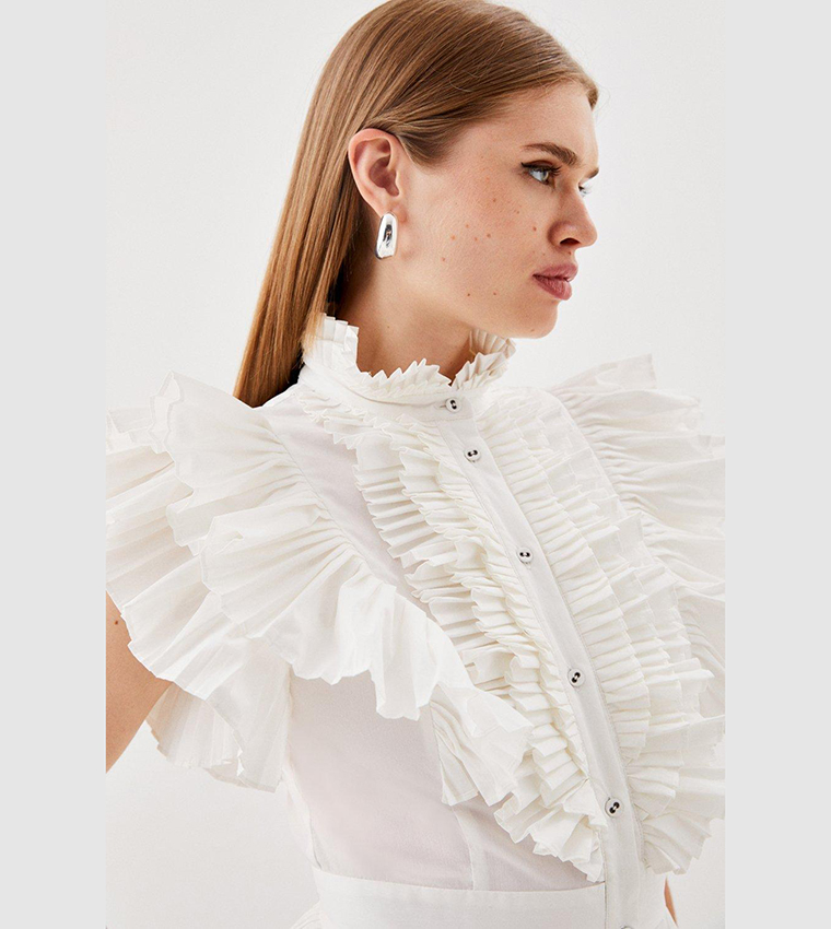 Cap Sleeve Pleated Ruffle Woven Shirt