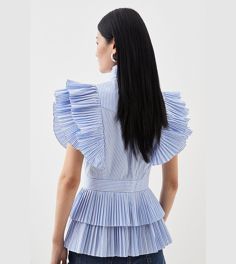 Cap Sleeve Striped Pleated Ruffle Woven Shirt
