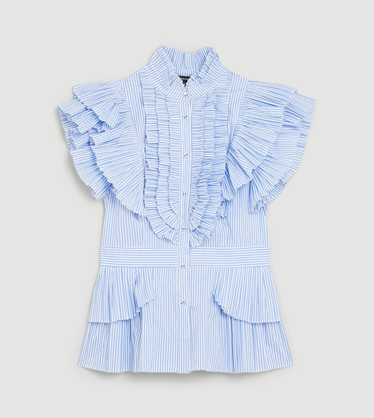 Cap Sleeve Striped Pleated Ruffle Woven Shirt