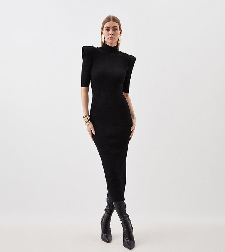 Ribbed Knit Power Shoulder Military Trim Maxi Dress