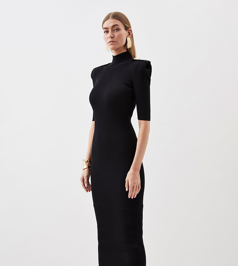 Ribbed Knit Power Shoulder Military Trim Maxi Dress