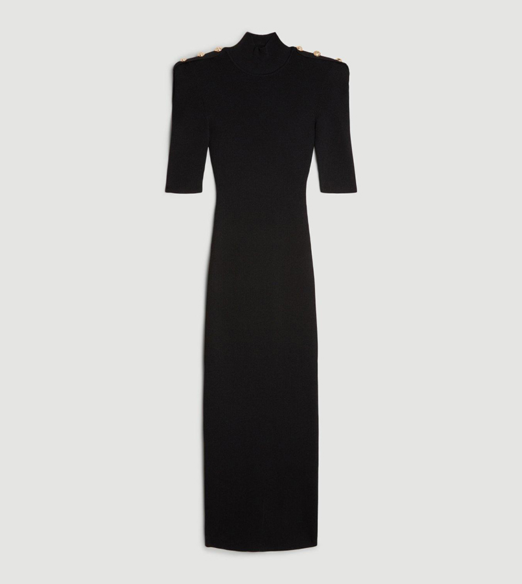 Ribbed Knit Power Shoulder Military Trim Maxi Dress