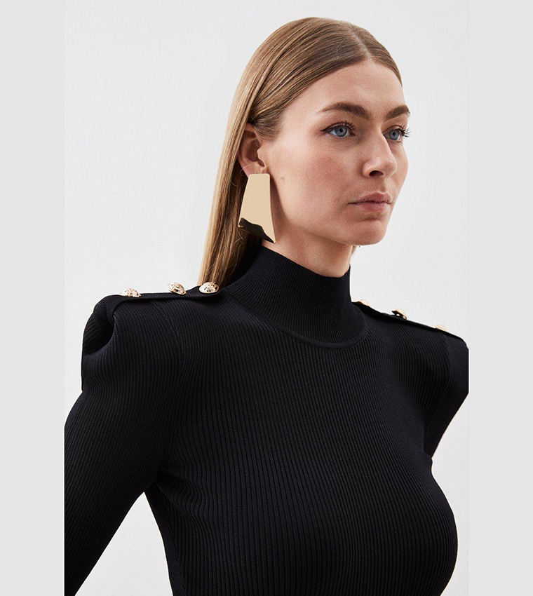 Ribbed Knit Power Shoulder Military Trim Maxi Dress