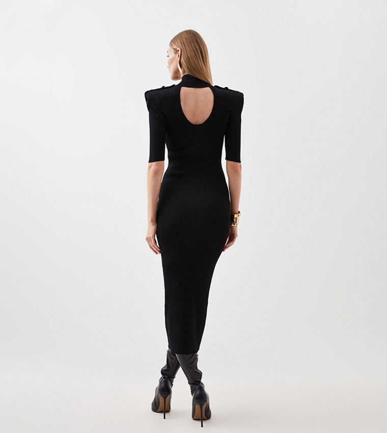 Ribbed Knit Power Shoulder Military Trim Maxi Dress