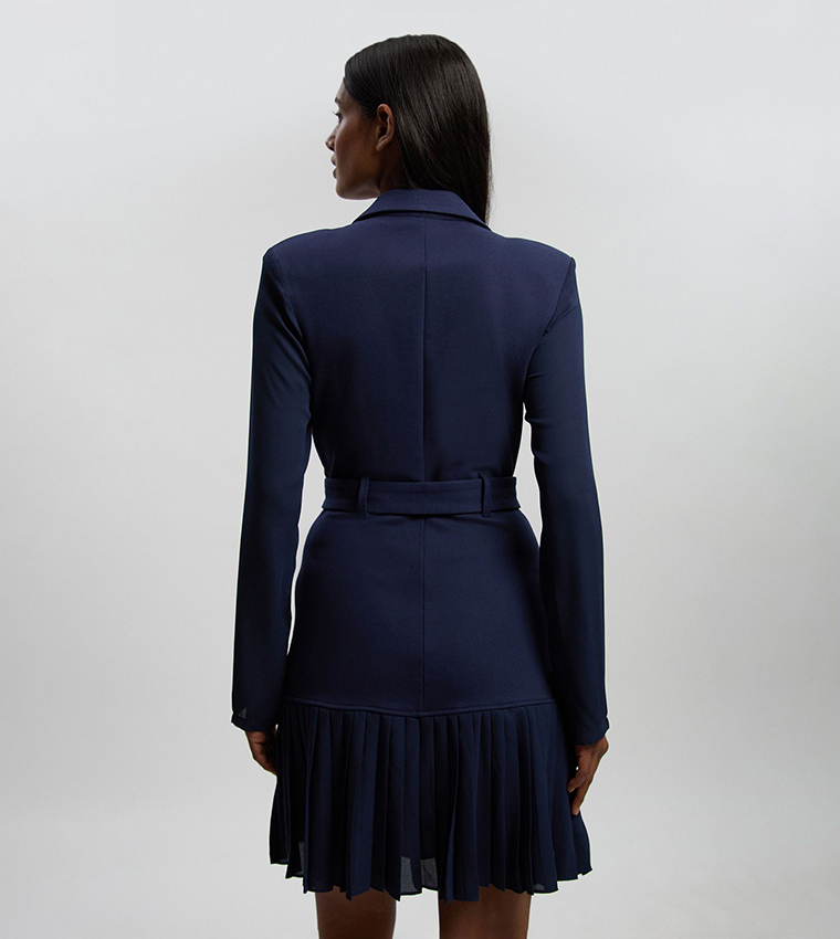 karen millen navy pleated dress Navy Pleated Georgette Belted Woven Maxi Dress
