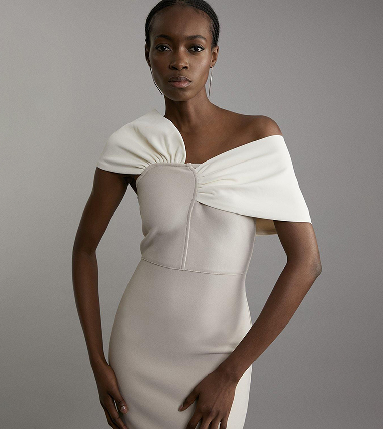 figure form bandage asymmetric strap knit midi dress Karen Millen Figure Form Bandage Asymmetric Strap Knit Midi Dress in Cream