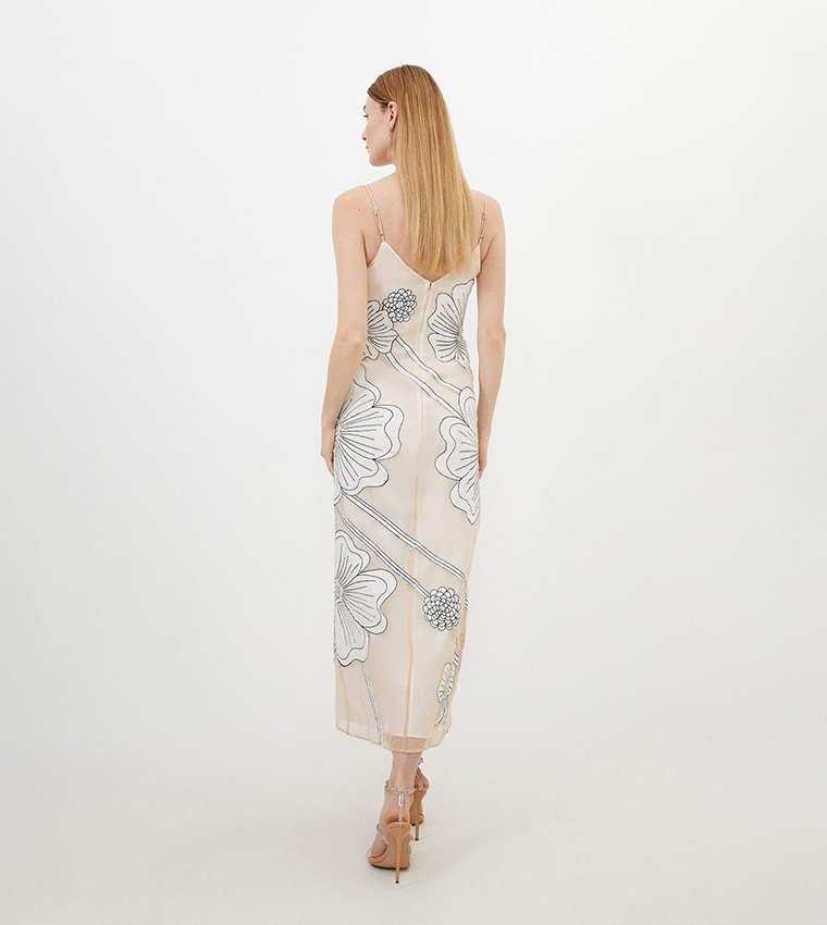 applique organdie midi woven dress Karen Millen Applique Organdie Satin Woven Midi Dress in Blush