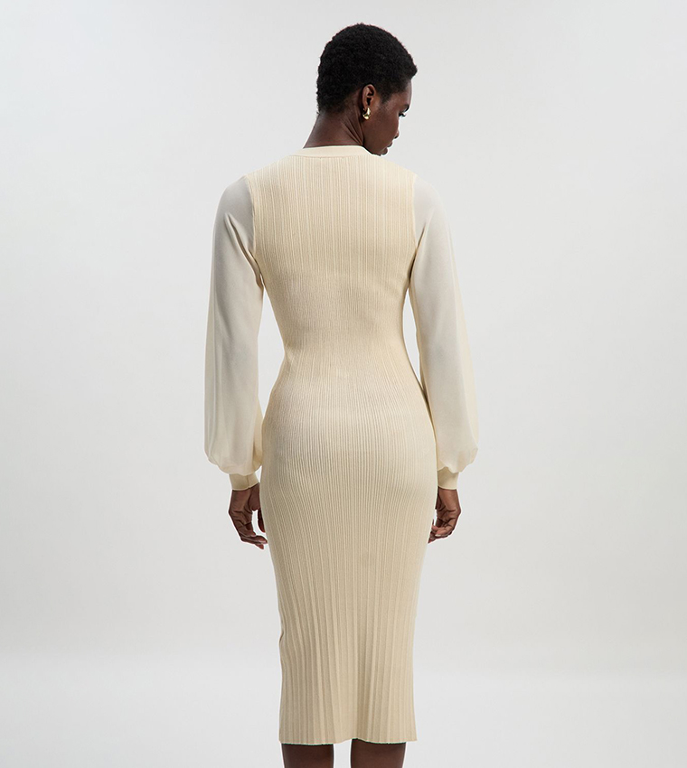 Buy Karen Millen Viscose Blend Ribbed Knit Chiffon Sleeves Midi Dress In  Beige