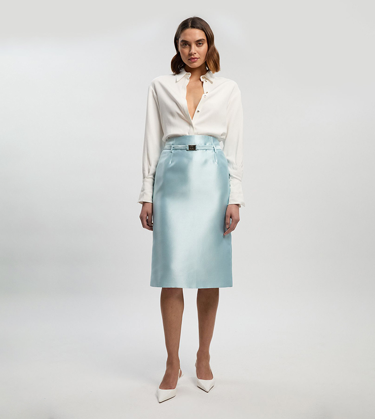 Satin Twill Belted Tailored Midi Skirt