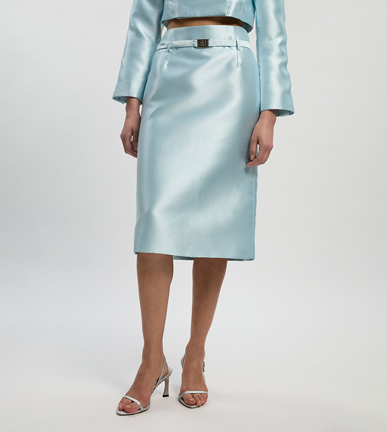 Satin Twill Belted Tailored Midi Skirt
