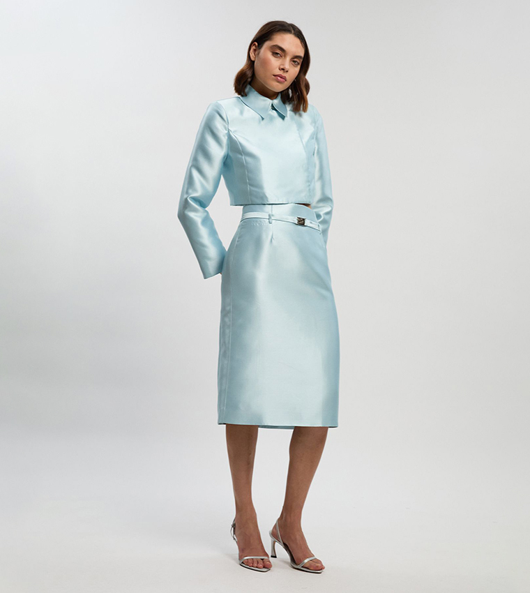 Satin Twill Belted Tailored Midi Skirt