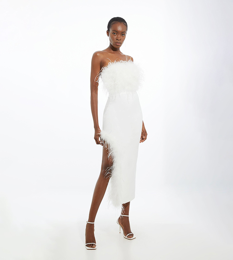 Figure Form Bandage Feather Detail Bandeau Knit Midi Dress