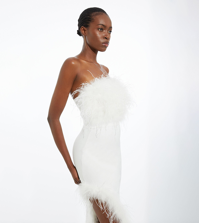 Figure Form Bandage Feather Detail Bandeau Knit Midi Dress