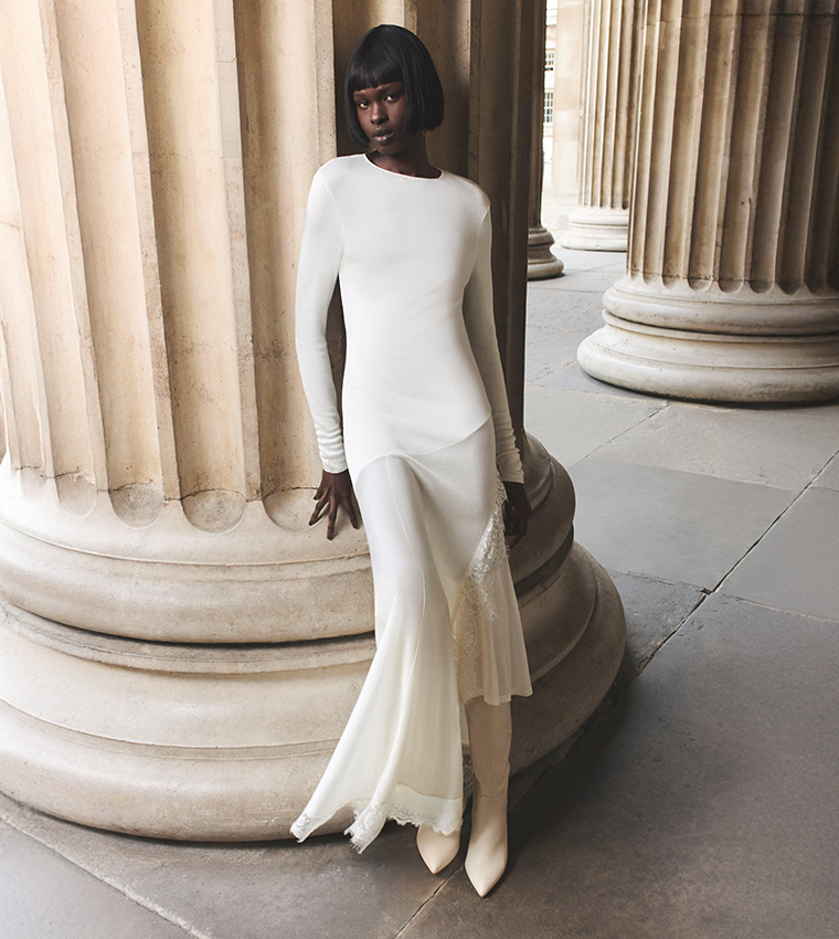 Slinky Sheer Lace Detail Asymmetric Knit Maxi Dress