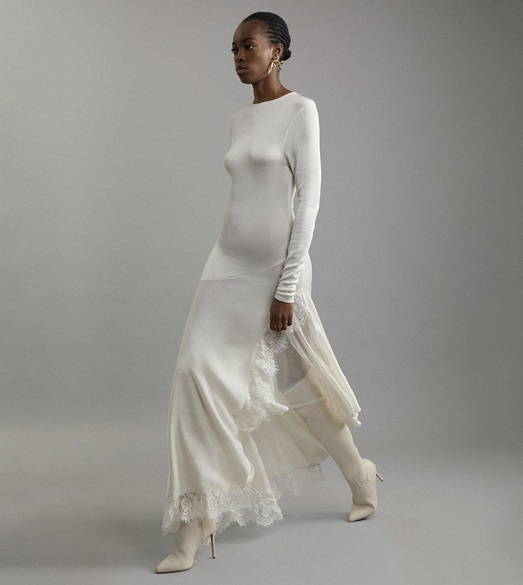 Slinky Sheer Lace Detail Asymmetric Knit Maxi Dress