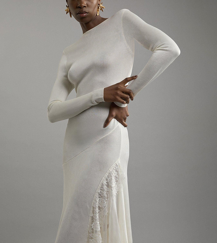 Slinky Sheer Lace Detail Asymmetric Knit Maxi Dress