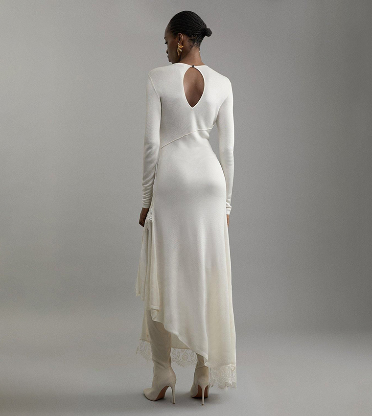 Slinky Sheer Lace Detail Asymmetric Knit Maxi Dress