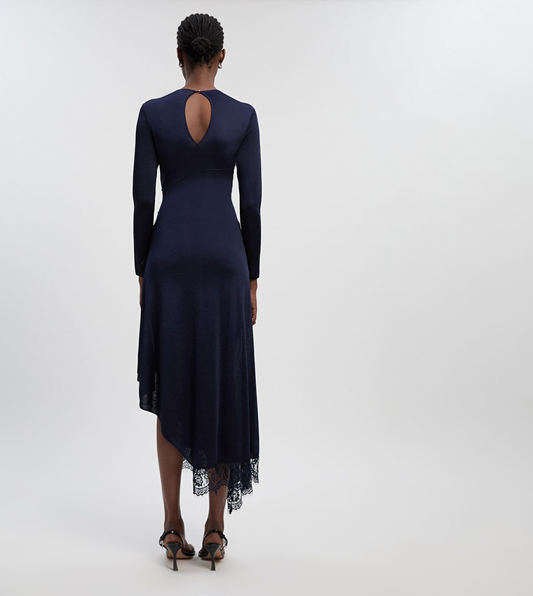 viscose blend slinky sheer lace detail asymmetric knit midaxi dress Shop Viscose Blend Slinky Sheer Lace Detail Asymmetric Knit Dress Online in Oman