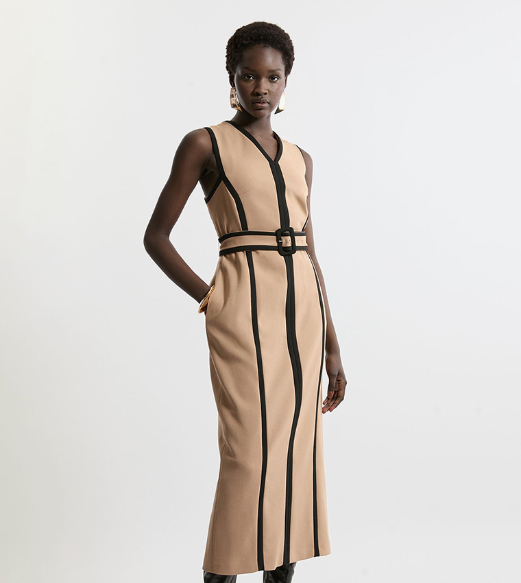 Compact Stretch Belted Sleeveless Midi Dress