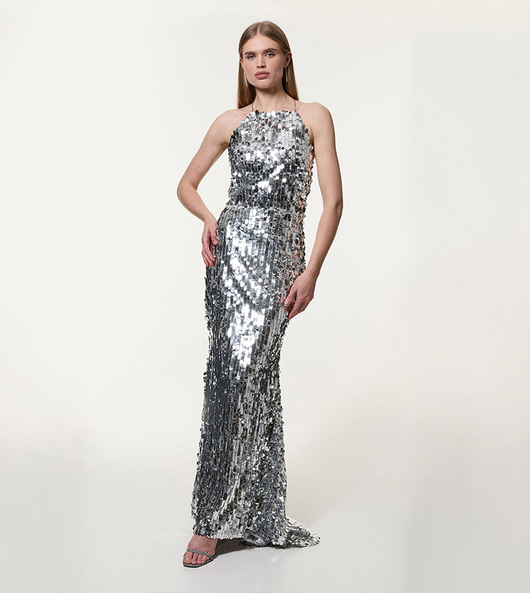 Buy Karen Millen Outlet Sequined Fishtail Halterneck Maxi Dress In Silver | 6thStreet Kuwait Buy Karen Millen Outlet Sequined Fishtail Halterneck Maxi Dress In Silver | 6thStreet Kuwait