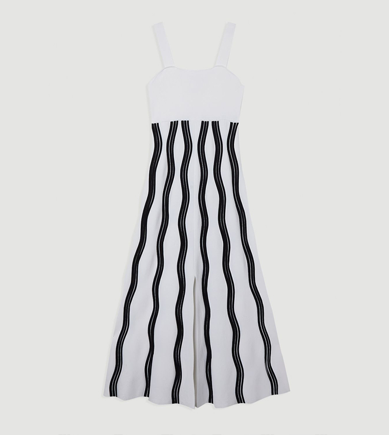 Contrast Wave Knit A-Line Strappy Dress with Fringing