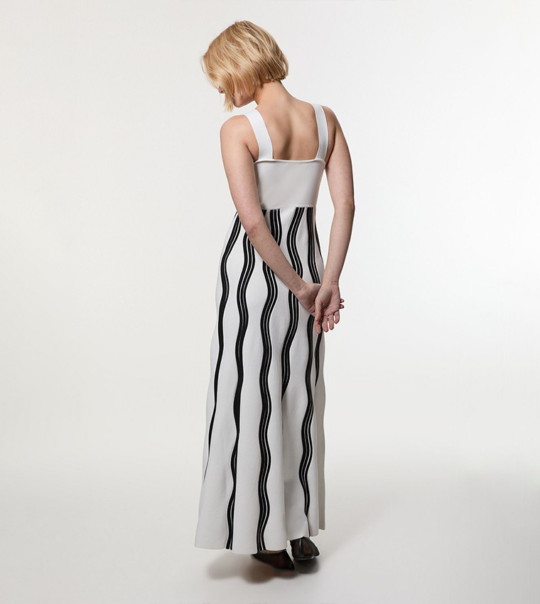 Contrast Wave Knit A-Line Strappy Dress with Fringing