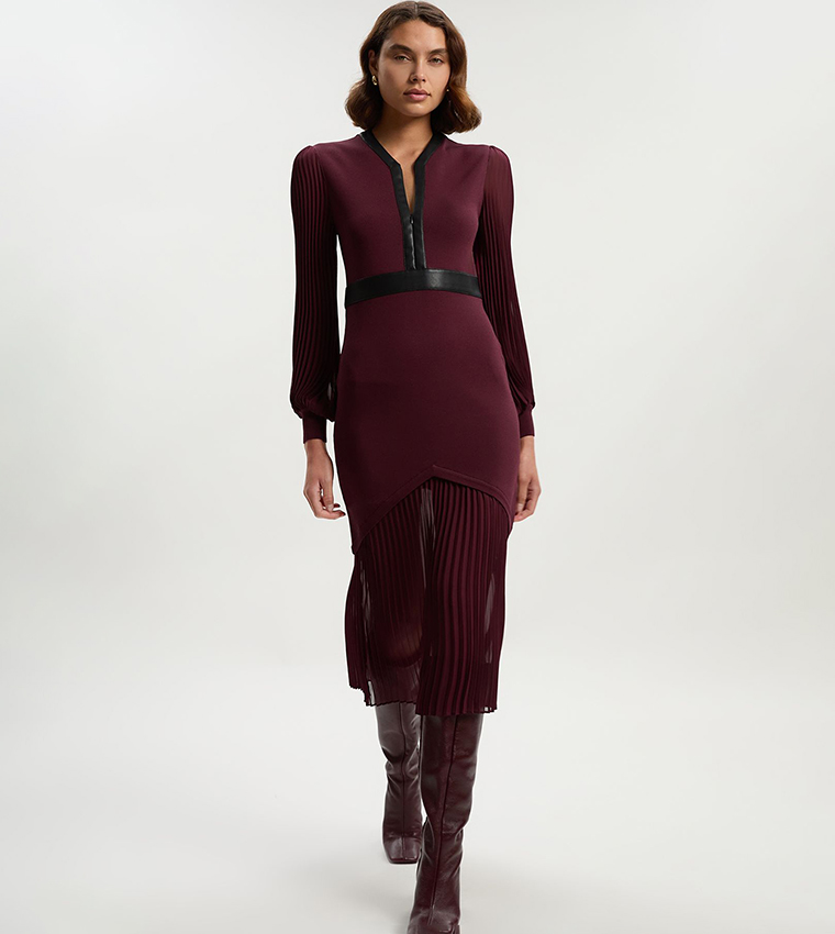 karen millen red pleated dress Karen Millen Red Lace Pleated Midi Dress Women's Size 4 Silk Polyester Belted