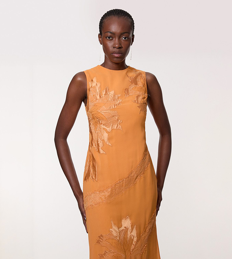 karen millen orange lace dress Karen Millen Lace Halter Woven Midi Dress in Orange