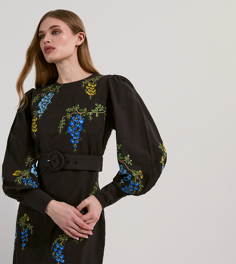 Floral Print Embroidered Linen Midi Dress