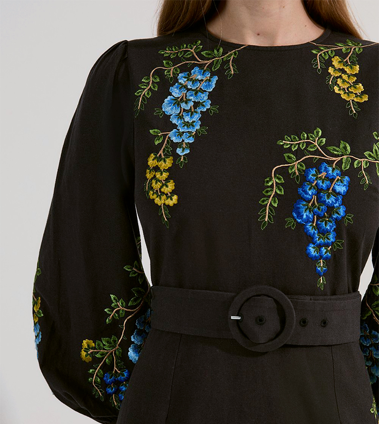 Floral Print Embroidered Linen Midi Dress