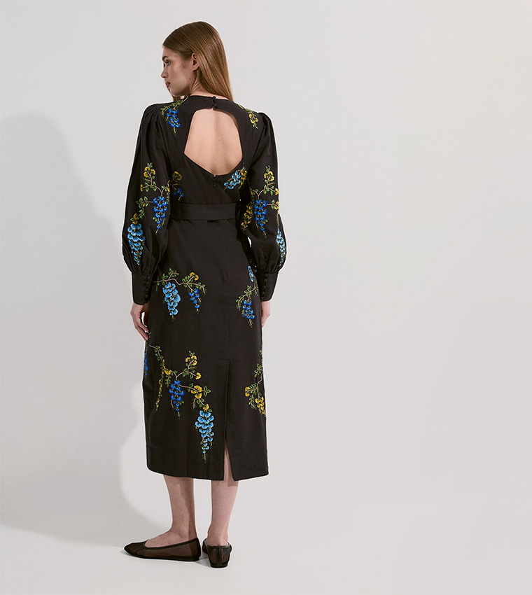 Floral Print Embroidered Linen Midi Dress