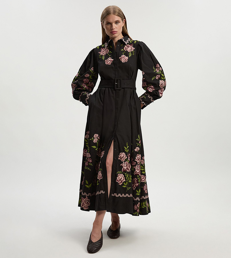 Rose Embroidered Cotton Twill Woven Shirt Dress