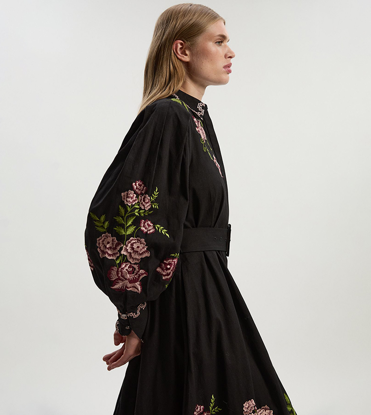 Rose Embroidered Cotton Twill Woven Shirt Dress