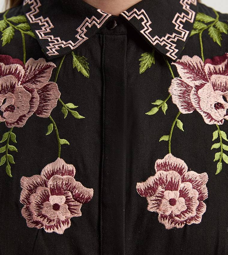 Rose Embroidered Cotton Twill Woven Shirt Dress